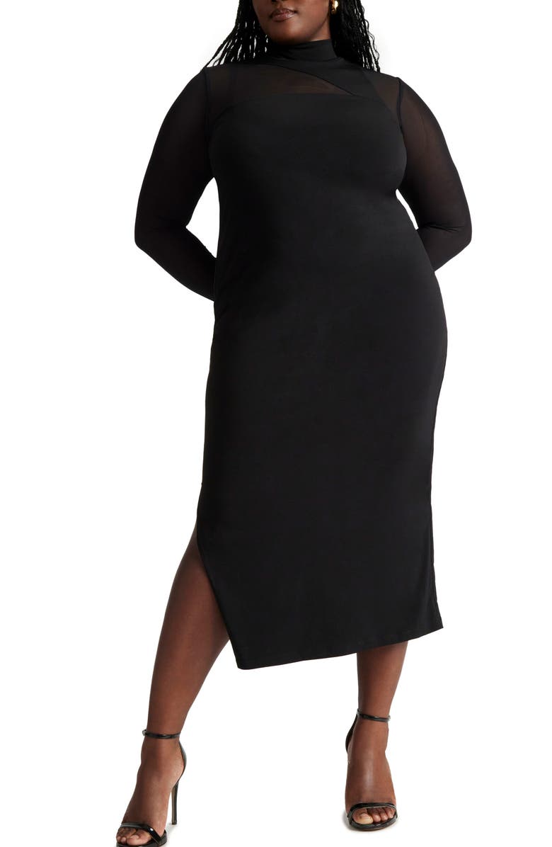 ELOQUII Sheer Panel Long Sleeve Maxi Dress, Main, color,