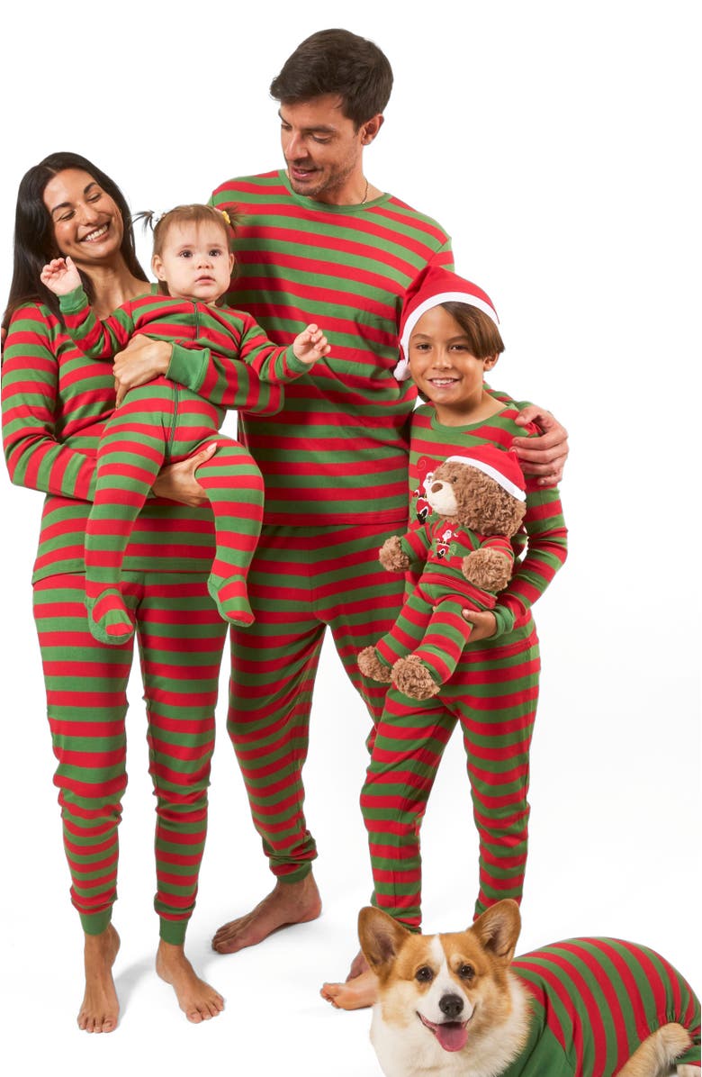Leveret Kids Footed Striped Cotton Matching Family Holiday Pajamas, Alternate, color, Red & Green
