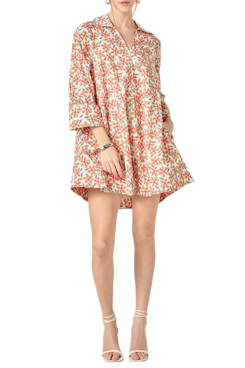 Floral Johnny Collar Cotton Trapeze Dress, Main, color, CREAM MULTI