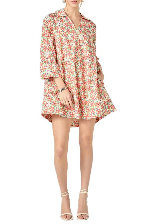 Floral Johnny Collar Cotton Trapeze Dress