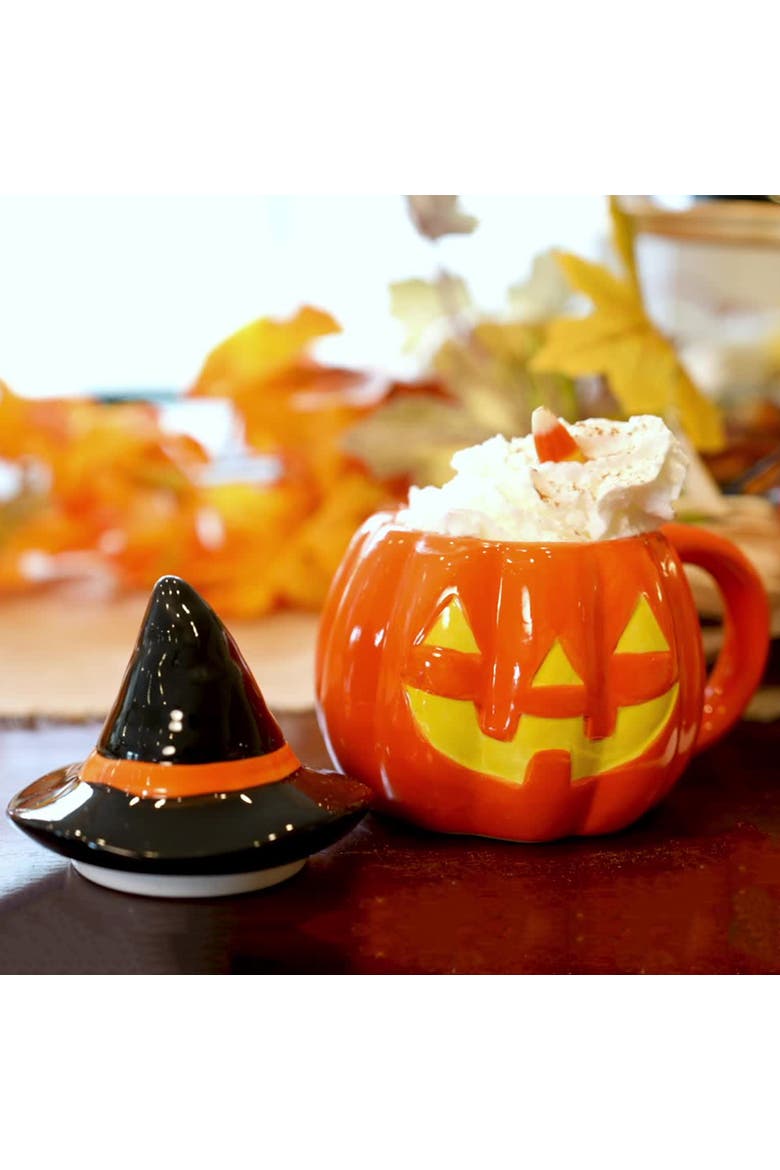 18 oz. Jack-O-Lantern Lidded Mug with Spoon, Alternate, color, Orange