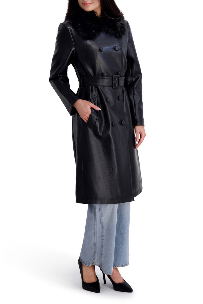 Faux Leather Trench Coat with Faux Fur Collar, Alternate, color, BLACK