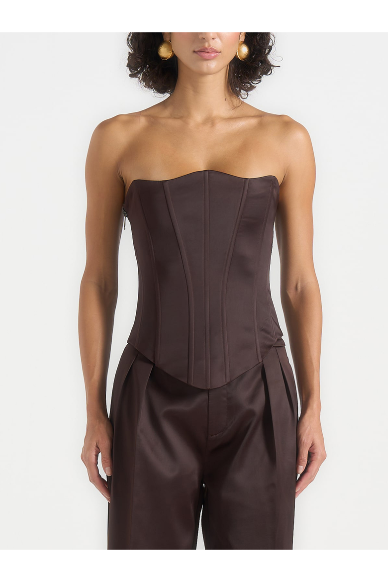 Scarlett Satin Lace Up Corset, Alternate, color, Brown