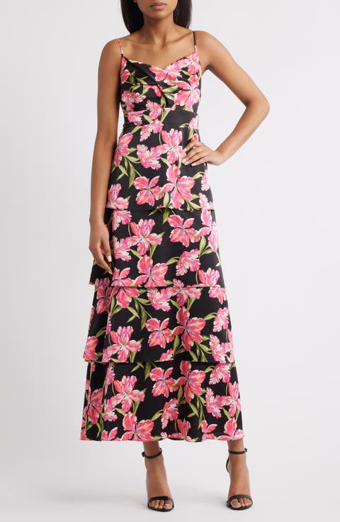 Patio Print Cowl Neck Tiered Midi Dress