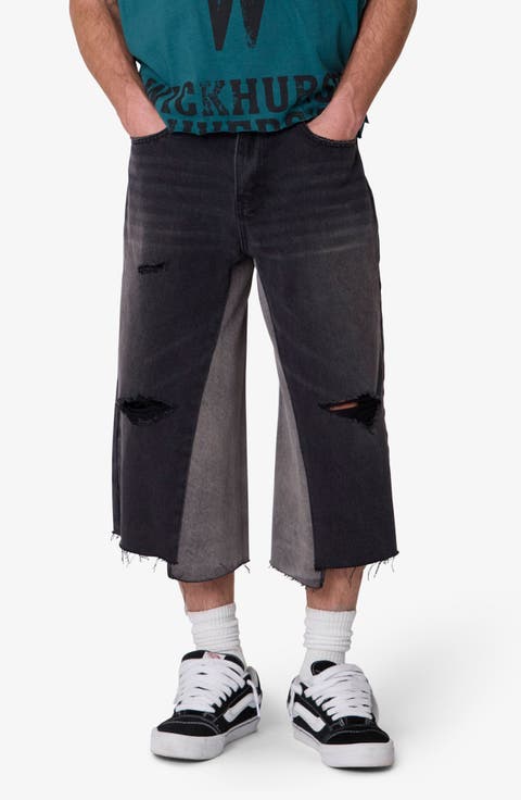 Distressed Panel Denim Shorts