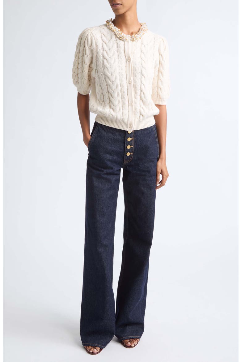 Olivia Embellished Merino Wool & Cashmere Cardigan, Alternate, color, PEARL