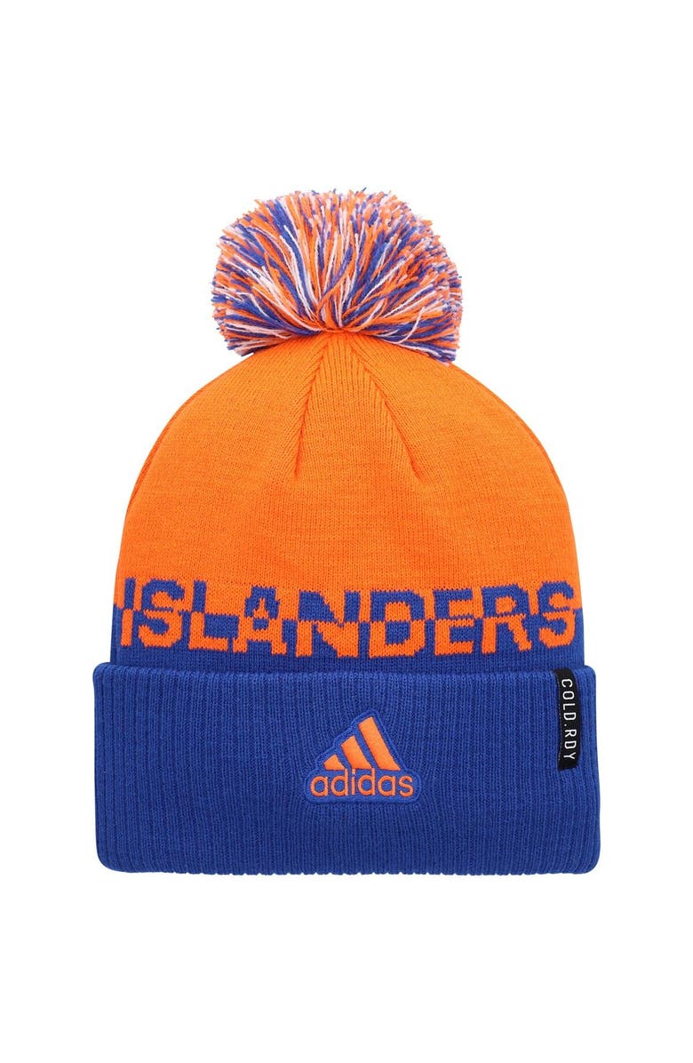 adidas Men's adidas Orange/Royal New York Islanders COLD.RDY Cuffed Knit Hat with Pom, Alternate, color, 