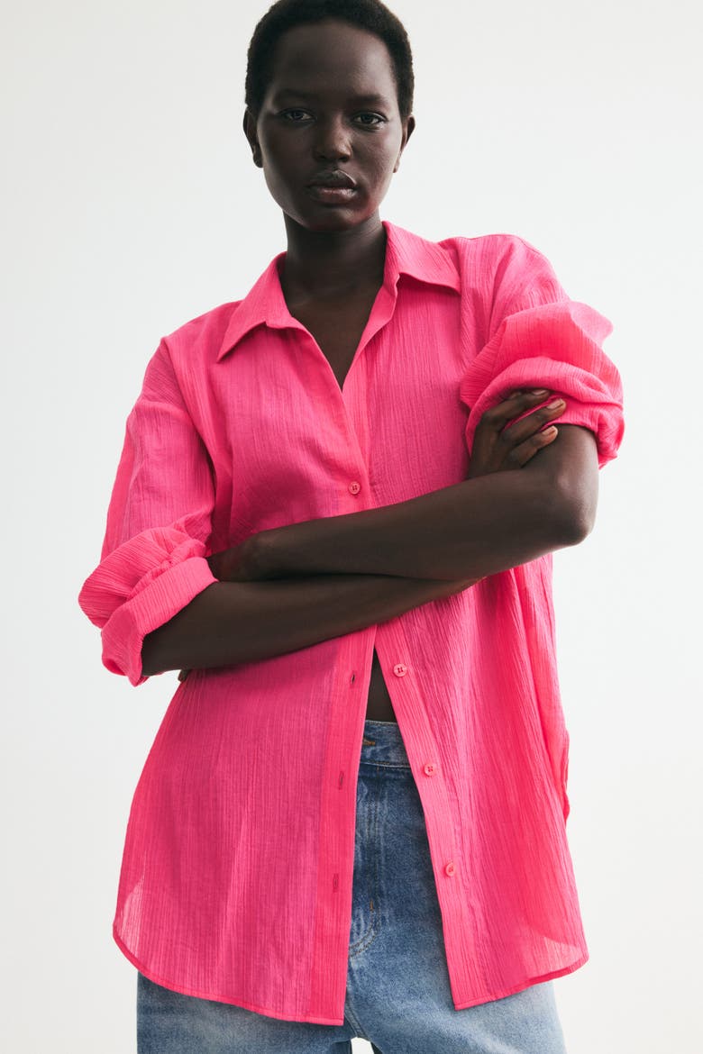 Crinkled Cotton Shirt, Alternate, color, Cerise