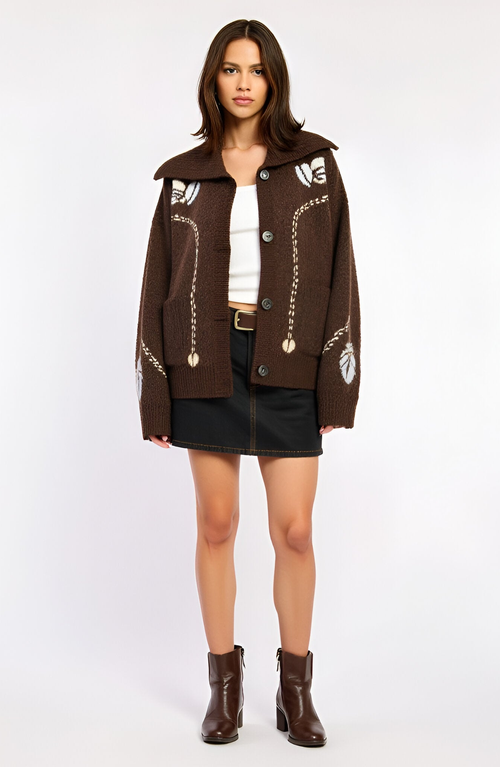 Modenaire Button Up Knit Cardigan With Abstract Floral Print In Brown