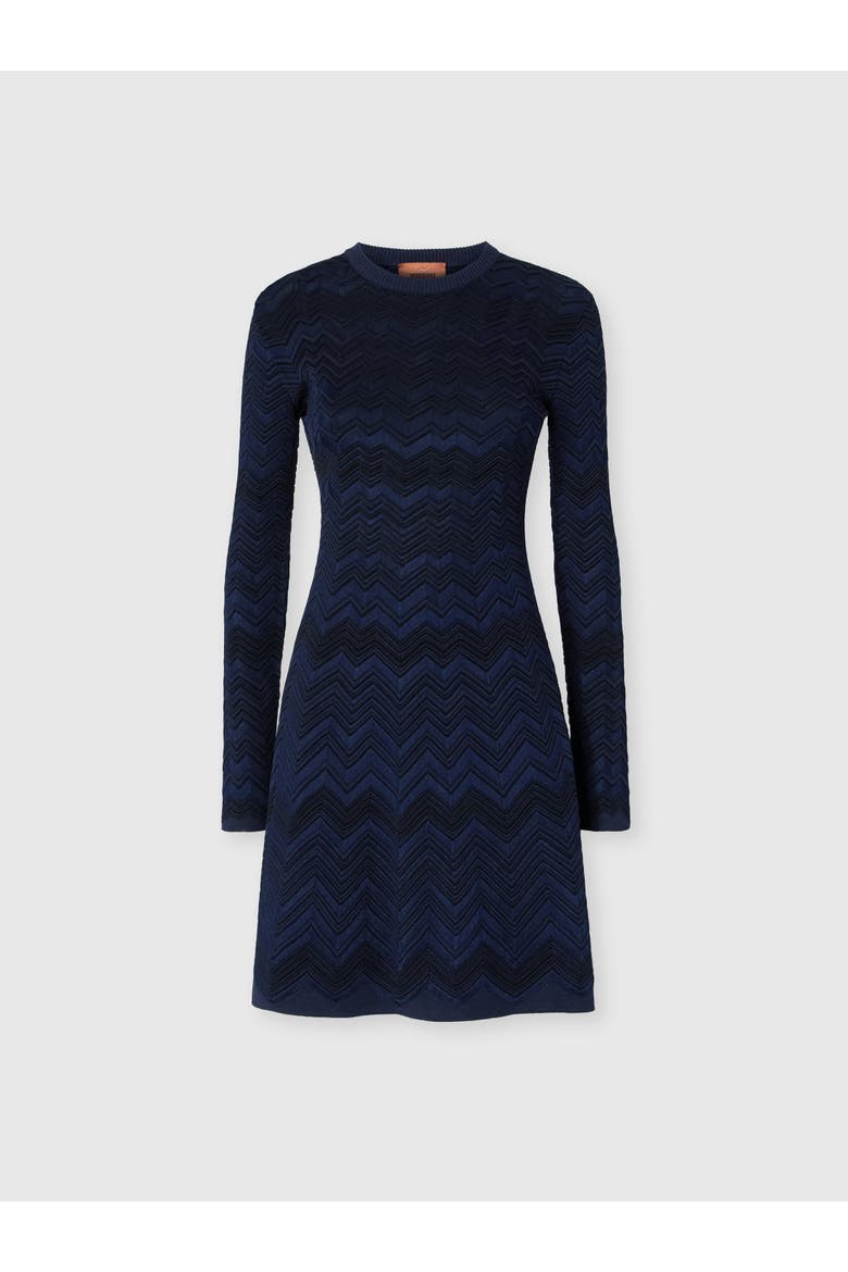 Zig Zag Viscose And Wool Crewneck Dress, Main, color, Navy Blue