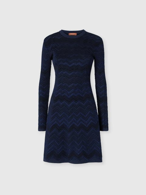 Zig Zag Viscose And Wool Crewneck Dress