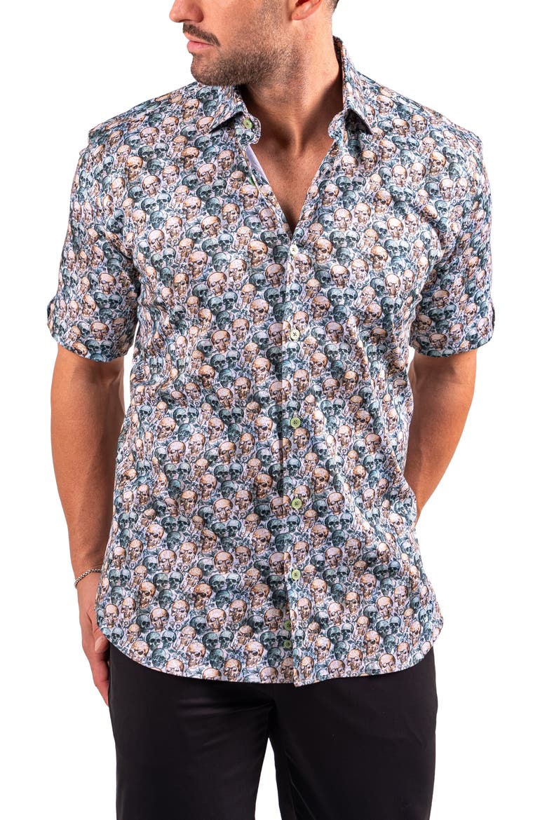 Galileo Resistance0335 Yellow Skull Print Short Sleeve Cotton Button-Up Shirt, Alternate, color, YELLOW