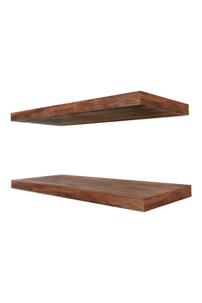 Set of 2 Solid Wood Floating Shelves, Main, color, BROWN