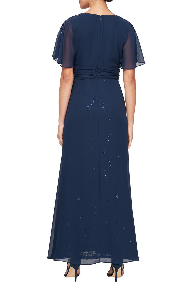 Beaded Flutter Sleeve Layered A-Line Gown, Alternate, color, NAVY
