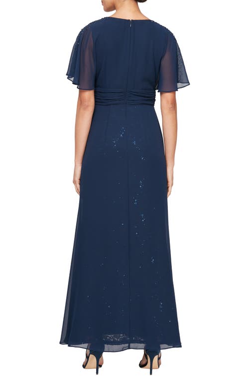 Sl Fashions Beaded Flutter Sleeve Layered A-line Gown In Navy