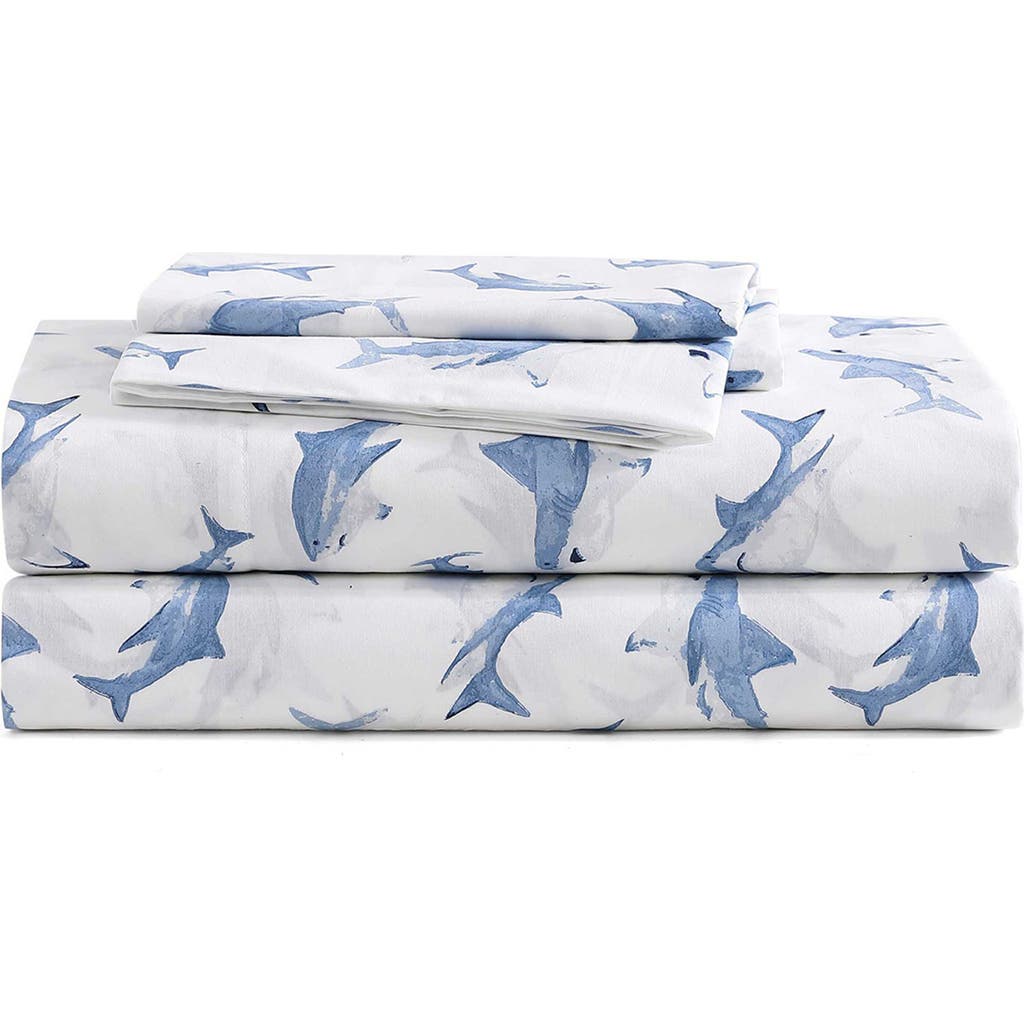 Poppy & Fritz Poppy And Fritz Shark Attack 200 Thread Count Cotton Percale Sheet Set In Blue