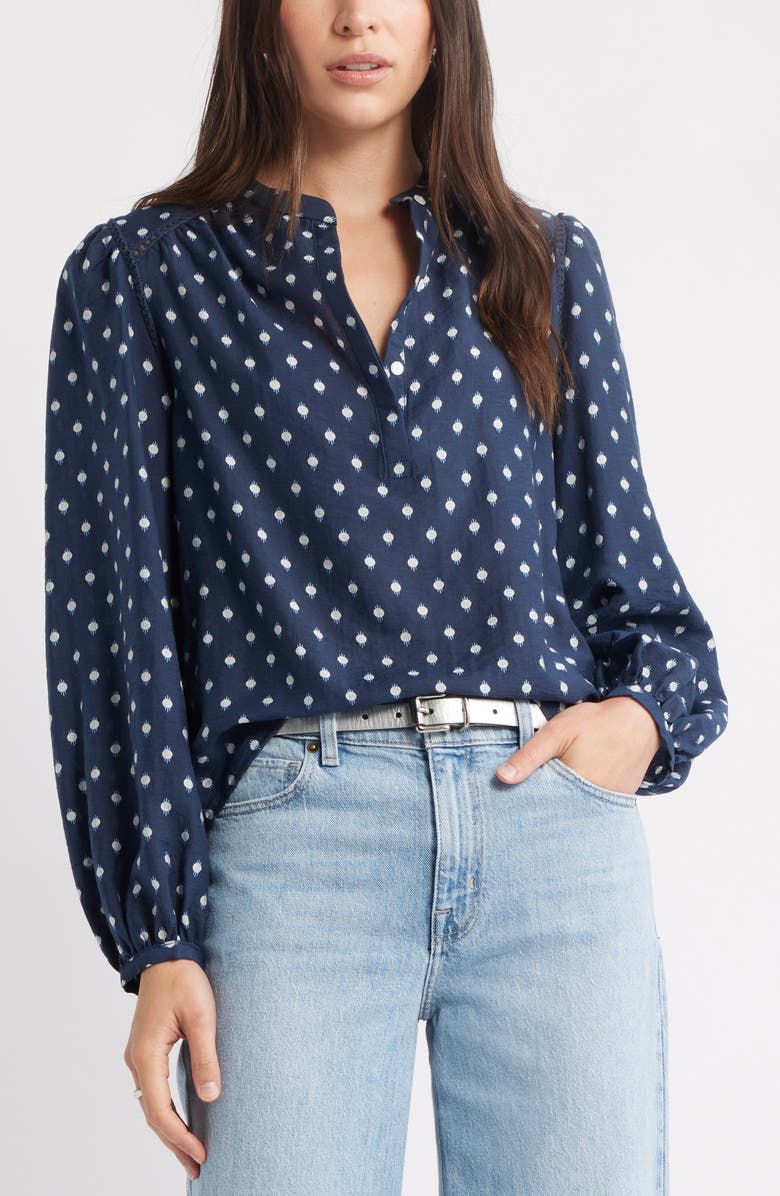 Caslon<sup>®</sup> Embroidered Inset Top, Main, color, Navy- Ivory Mock Dot