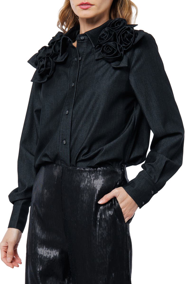 CIEBON Ivan Rosette Detail Denim Button-Up Shirt, Alternate, color, Denim Black