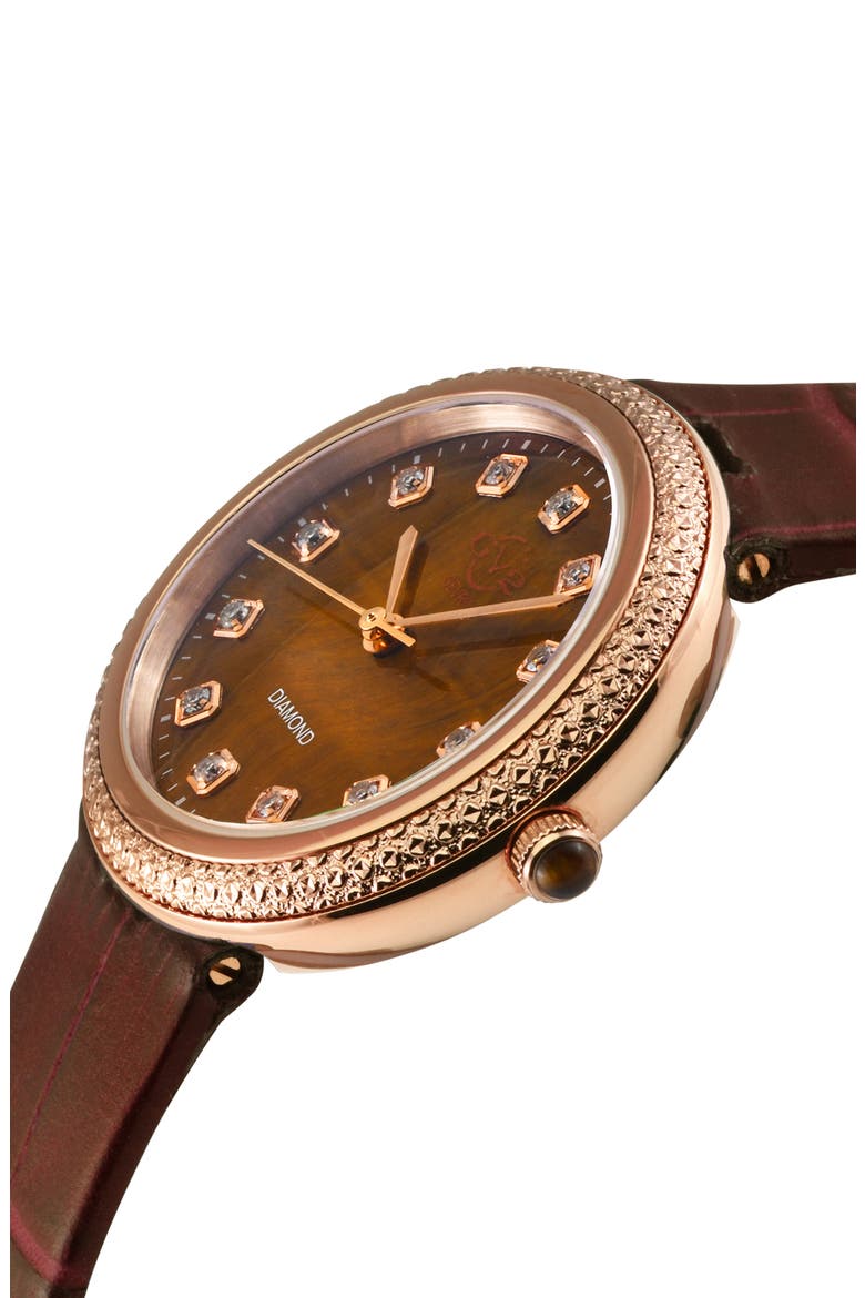 Arezzo Diamond Embellished Leather Strap Watch, 33mm - 0.14ctw, Alternate, color, BROWN