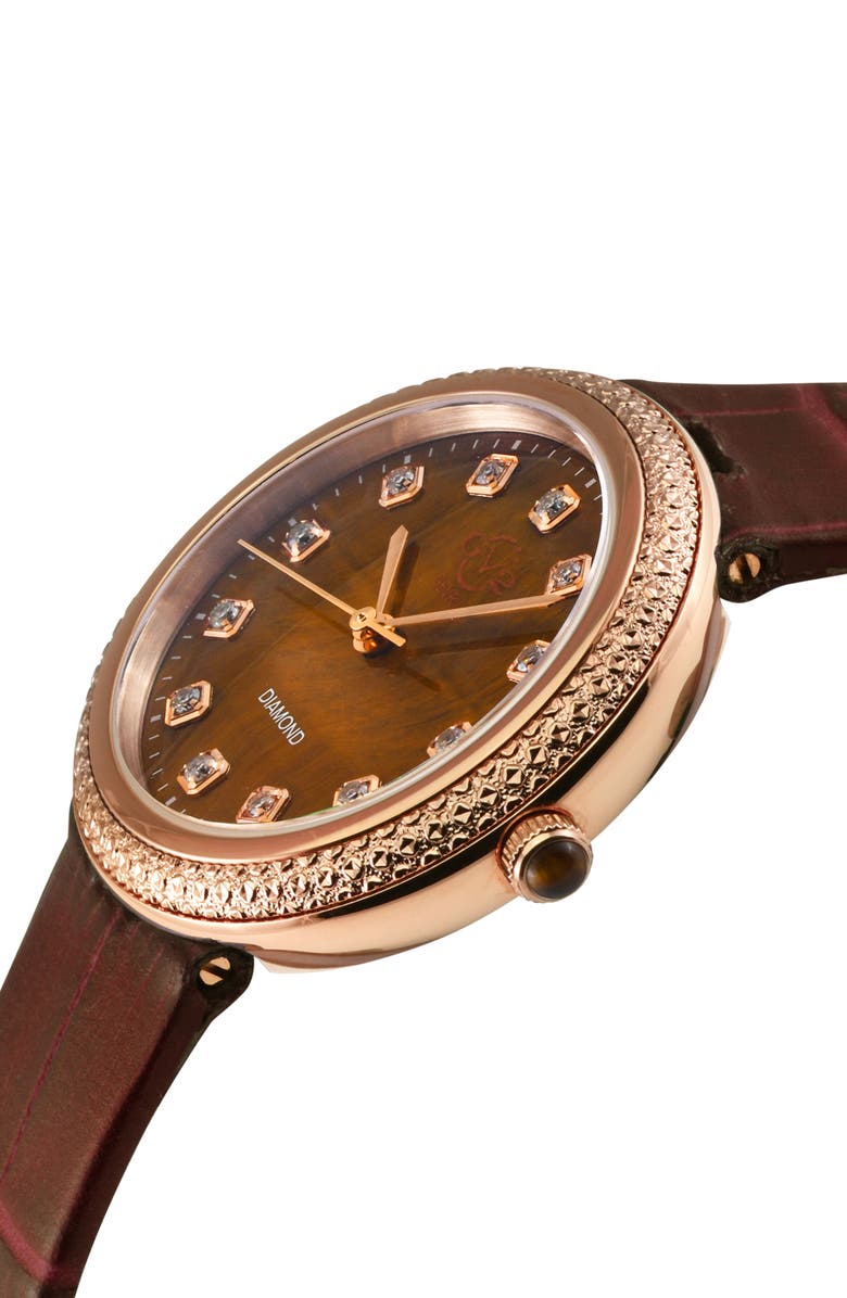 GV2 Arezzo Diamond Embellished Leather Strap Watch, 33mm - 0.14ctw, Alternate, color, Brown