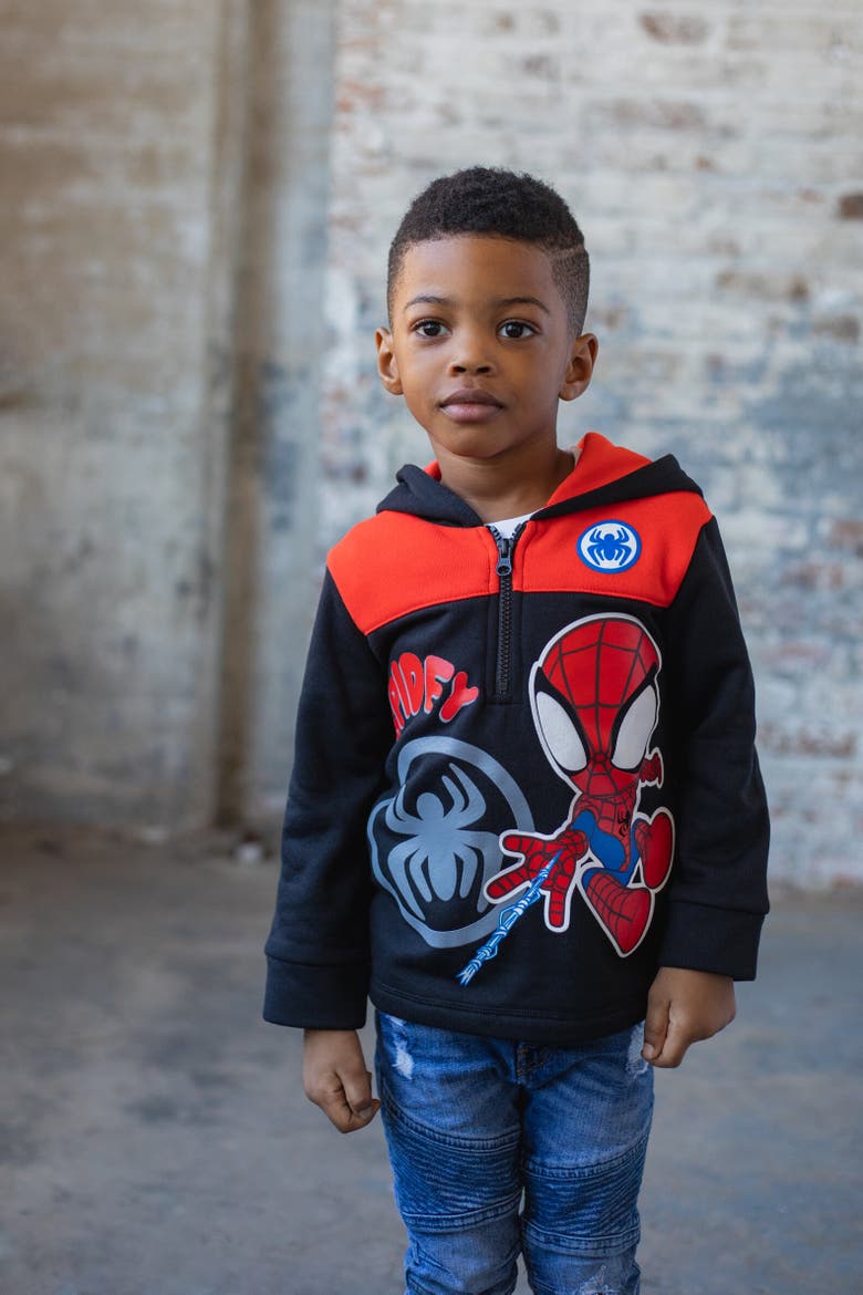 Spider-Man Fleece Quarter-Zip Hooded Sweatshirt, Alternate, color, Spidey Black