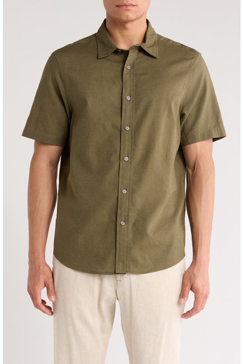 Linen & Cotton Short Sleeve Button-Up Shirt, Main, color, OLIVE NIGHT