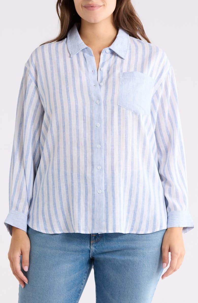 PHILOSOPHY CASHMERE Stripe Linen Blend Button-Up Shirt, Main, color, Blue/ White Stripe