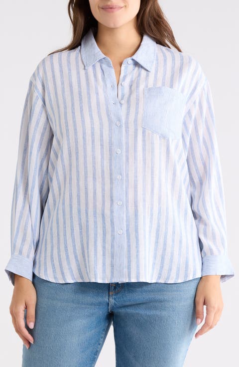 Stripe Linen Blend Button-Up Shirt (Plus)