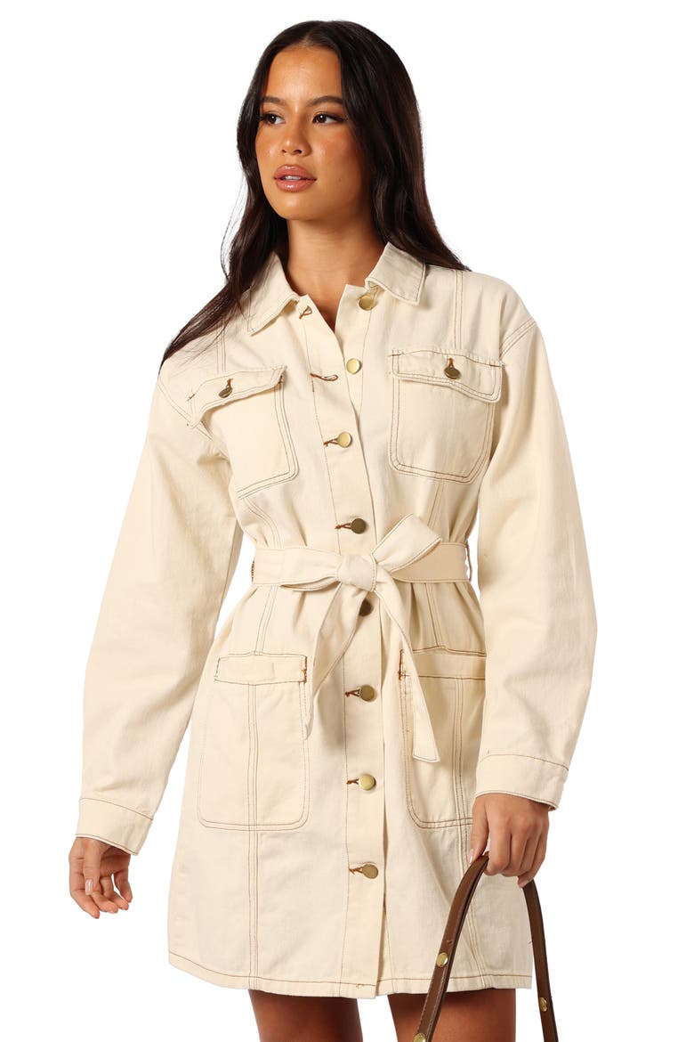 Otto Long Sleeve Denim Mini Shirtdress, Alternate, color, SAND