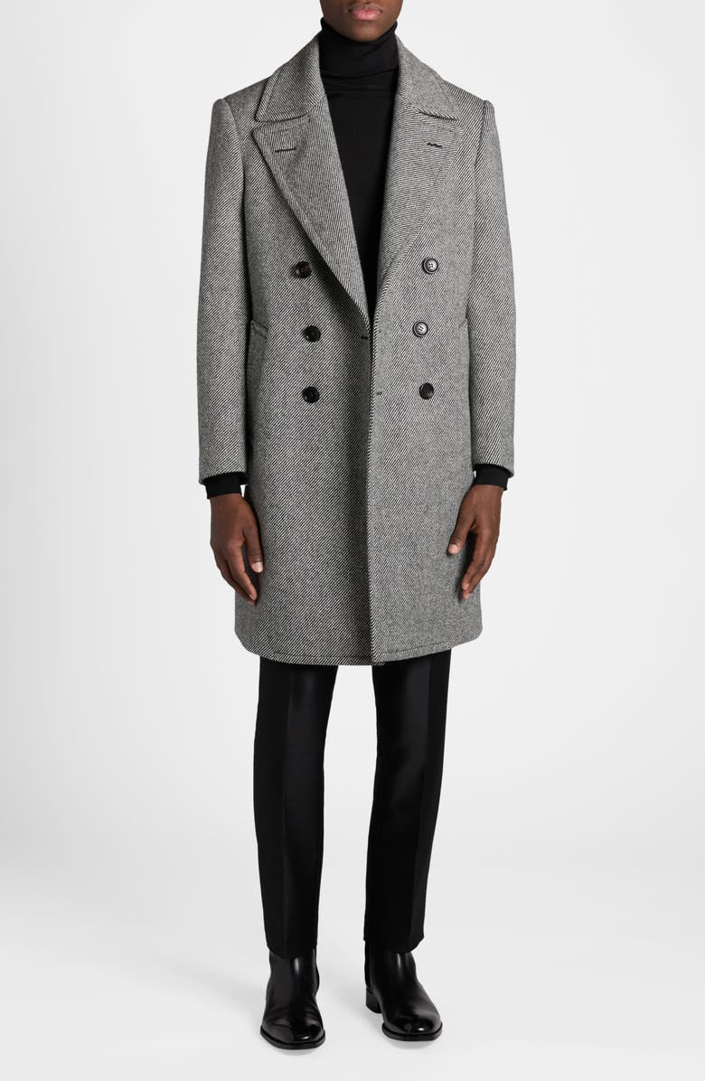 TOM FORD Double Breasted Wool Mouliné Twill Coat, Main, color, Black/ White