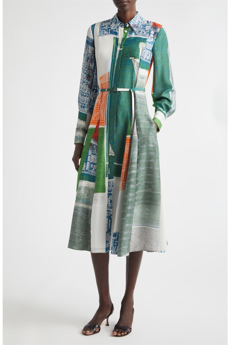 Collage Print Belted Long Sleeve Sandwashed Silk Shirtdress, Main, color, BLUE GREEN MULTI