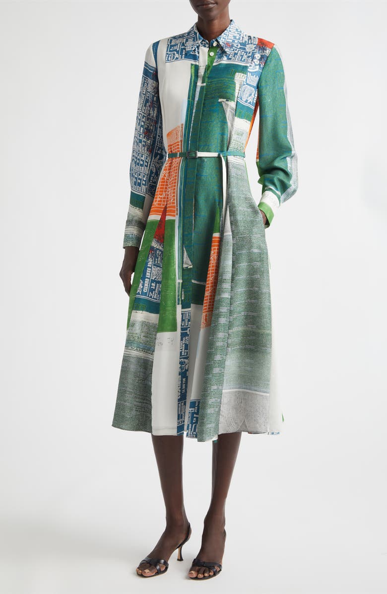 Jason Wu Collection Collage Print Belted Long Sleeve Sandwashed Silk Shirtdress, Main, color, Blue Green Multi