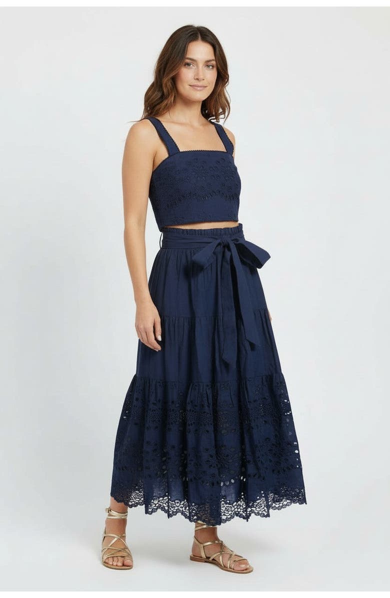 Change of Scenery Jenni Tiered Belted Eyelet Smock Waist Skirt, Alternate, color, Navy Calypso Eyelet
