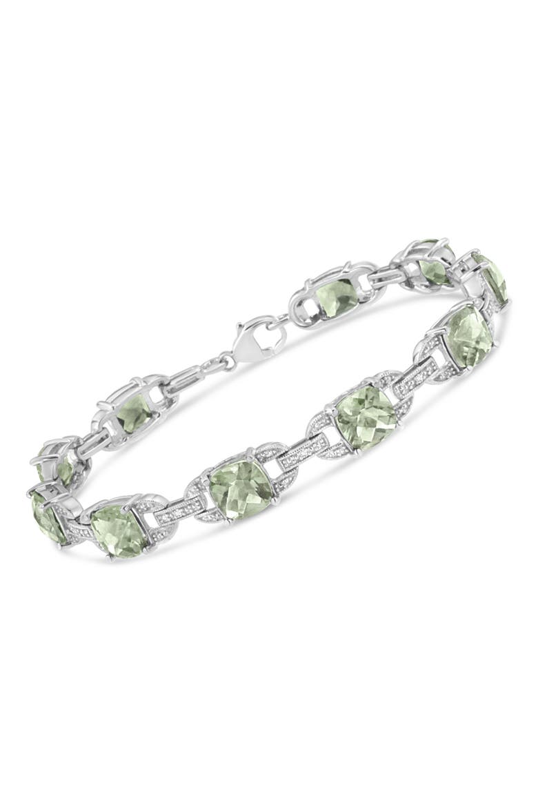 Silver 7x7 mm Green Amethyst and Diamond Accent Tennis Bracelet, Alternate, color, White