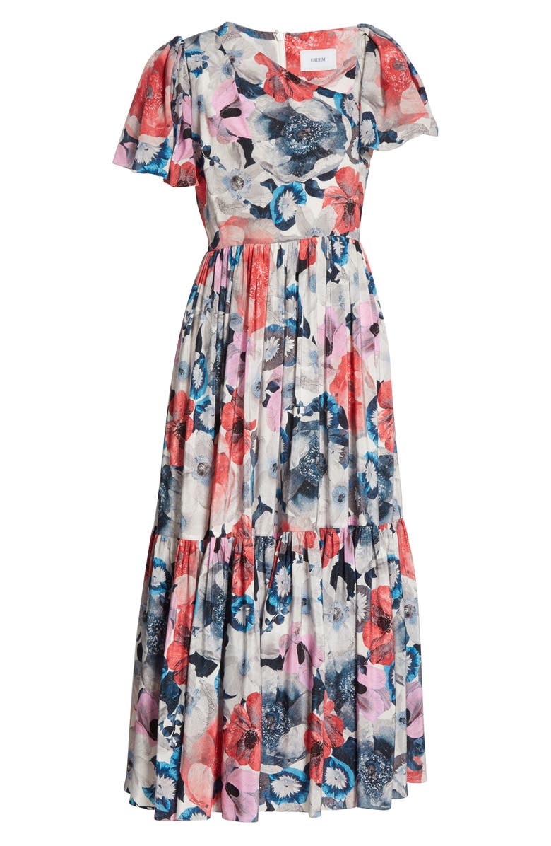Erdem Floral Print Asymmetrical Neck Silk Midi Dress, Alternate, color, 