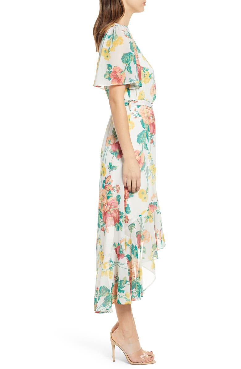Leith Flutter Sleeve High/Low Dress, Alternate, color, Ivory Bold Rose