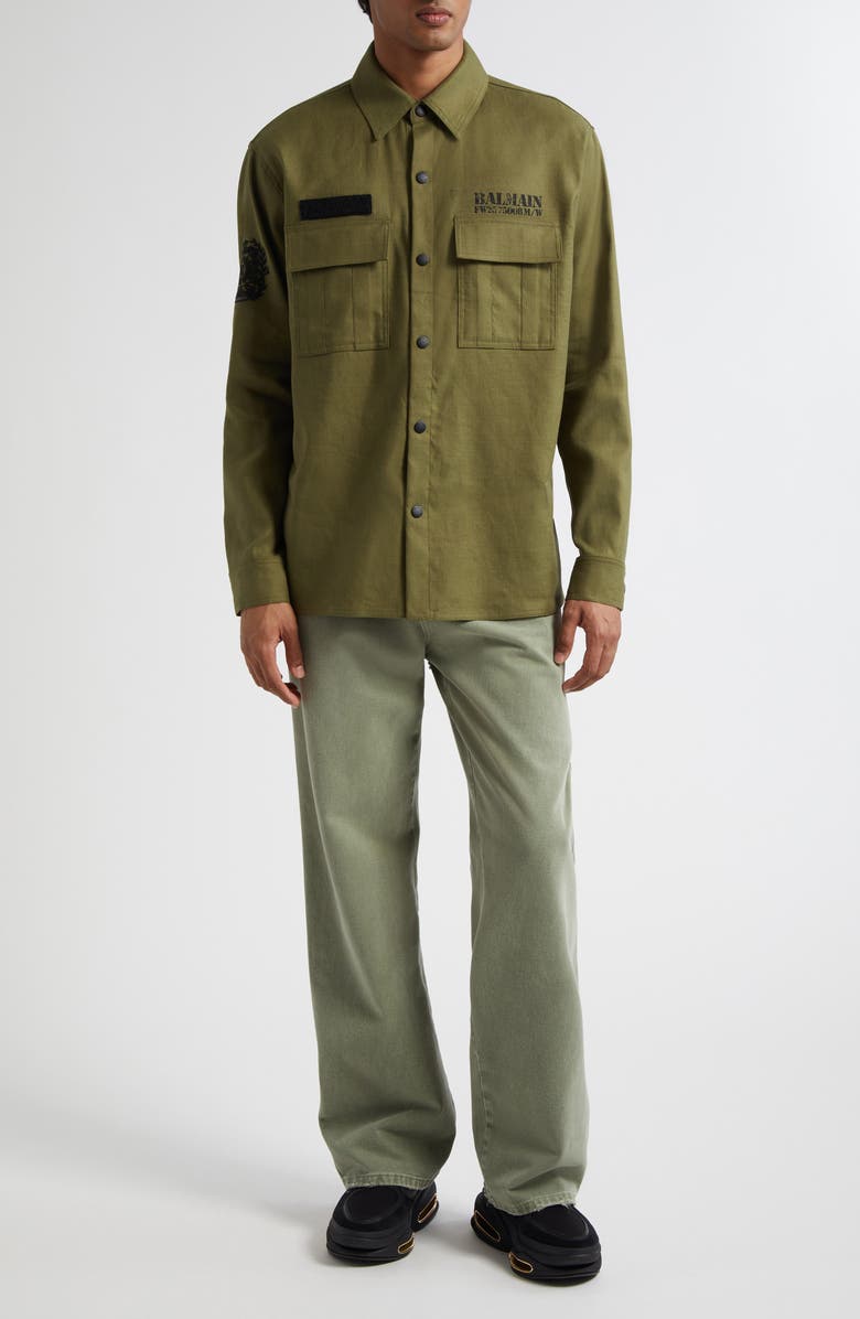 Balmain Small Logo Stamp Canvas Snap-Up Shirt, Alternate, color, 7Cw Kaki