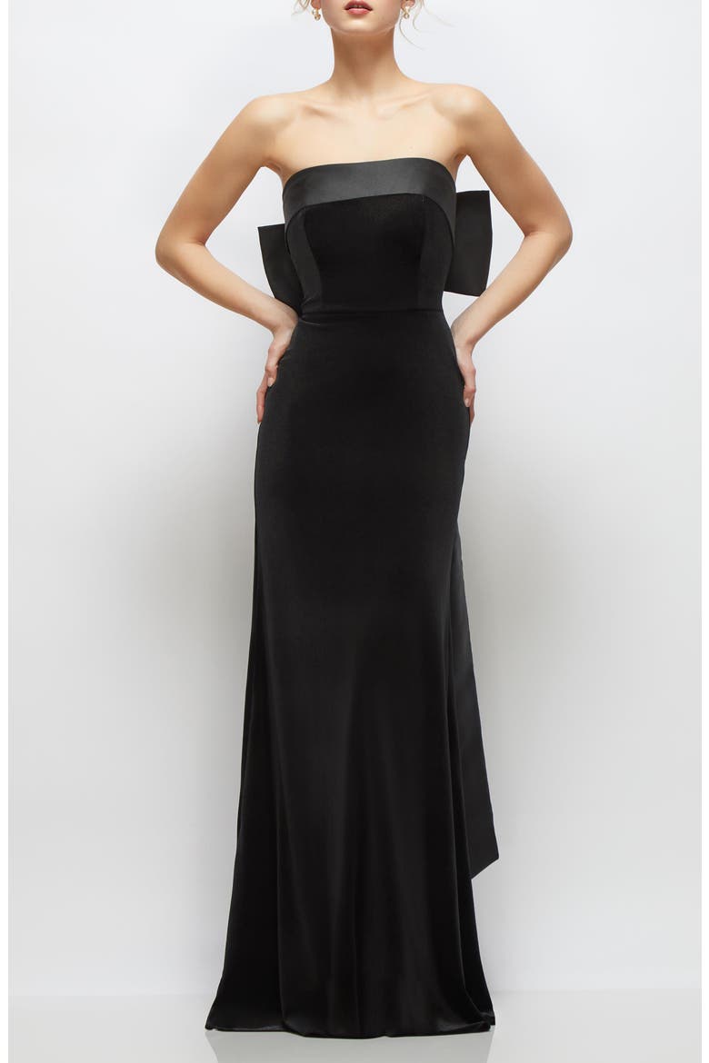 Back Bow Strapless Velvet Gown, Main, color, BLACK