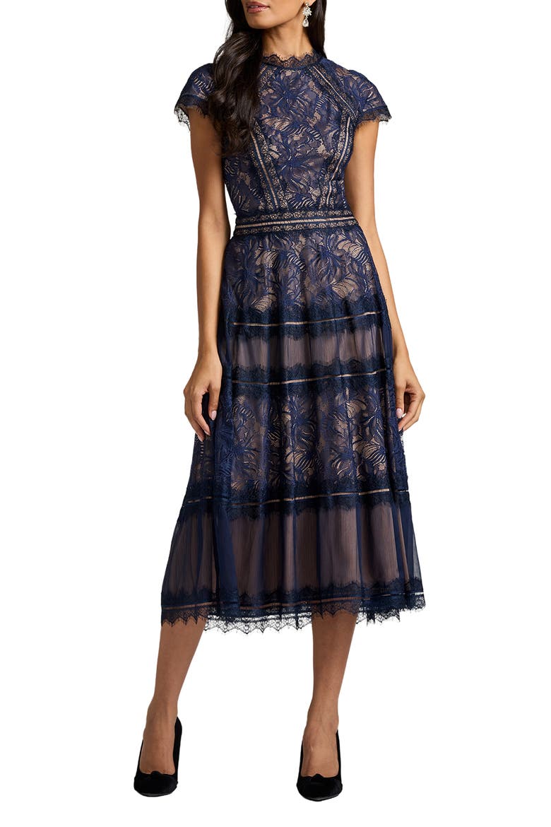 Lace Fit & Flare Cocktail Midi Dress, Main, color, ROYAL NAVY/ NUDE