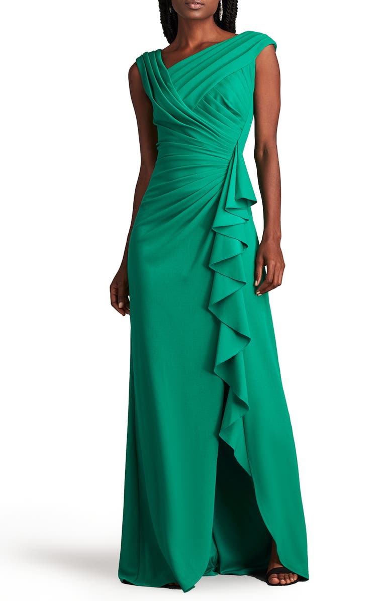 Tadashi Shoji Asymmetric Neck Side Ruffle Fit & Flare Gown, Main, color, 