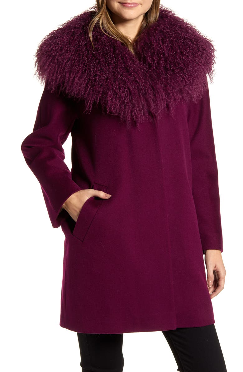 Fleurette Wool Coccon Coat with Genuine Lamb Fur Trim, Main, color, 