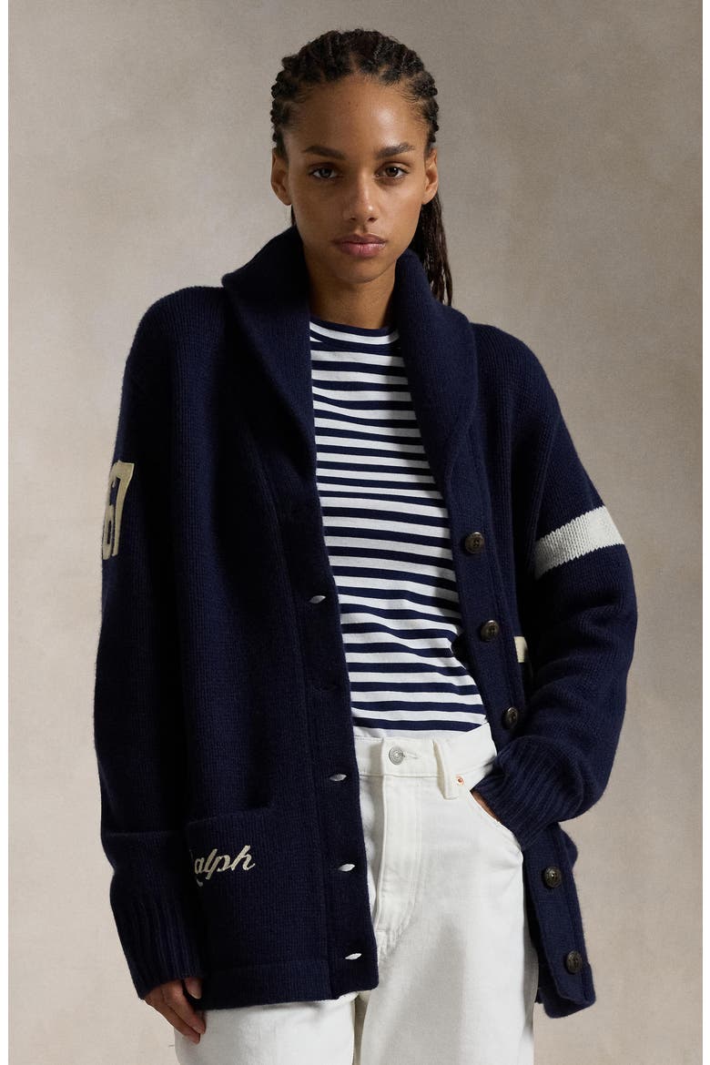 Varsity Long Wool Cardigan, Alternate, color, NAVY W/ IVORY STRIPE