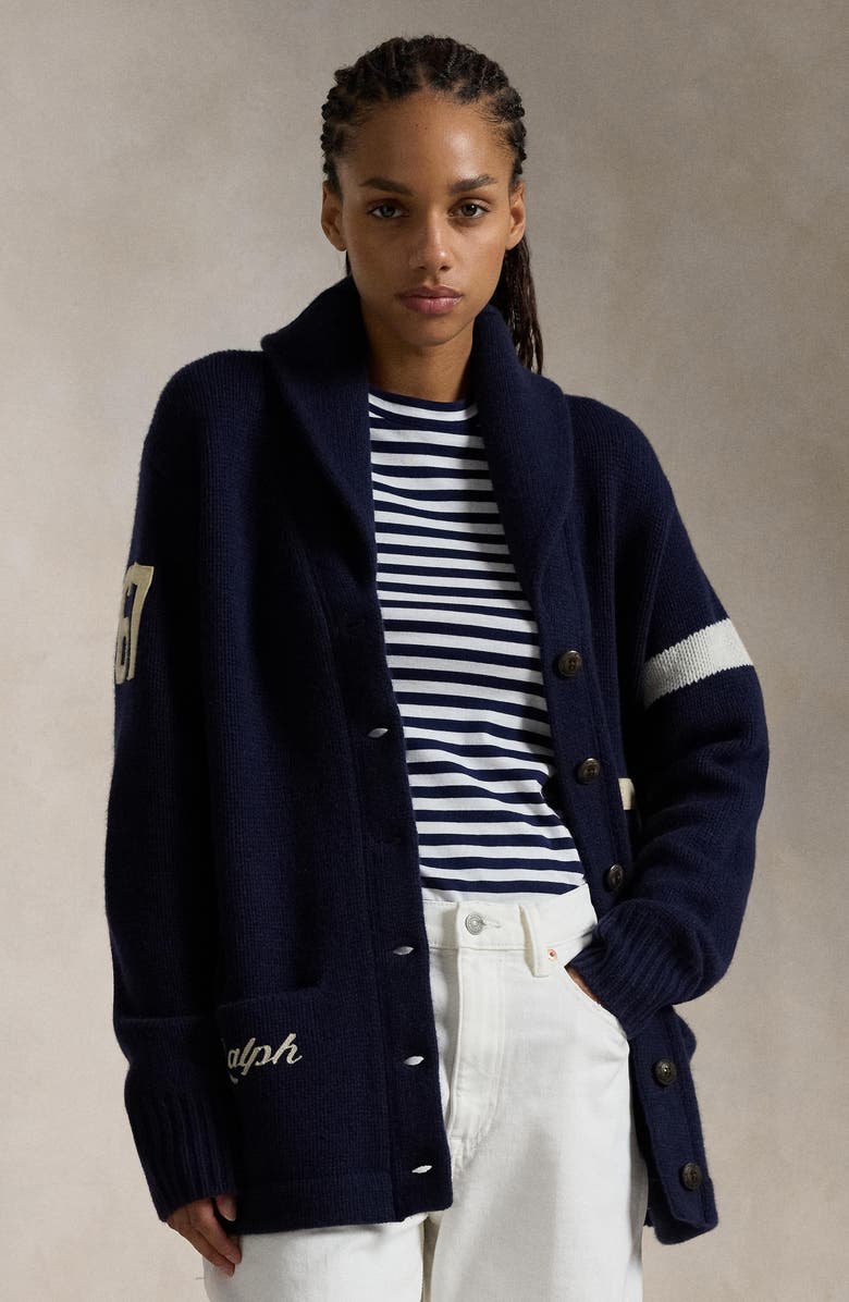 Polo Ralph Lauren Varsity Long Wool Cardigan, Alternate, color, 