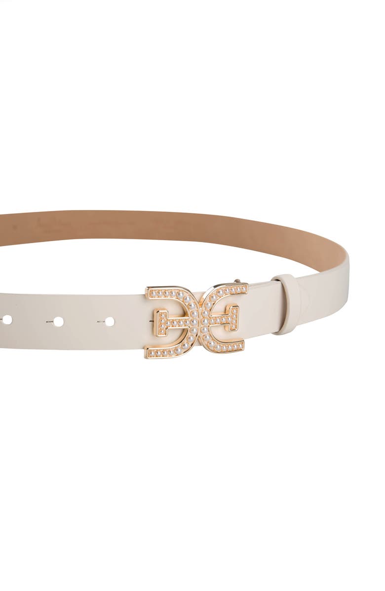 Sam Edelman Imitation Pearl Logo Plaque Belt, Alternate, color, Ivory