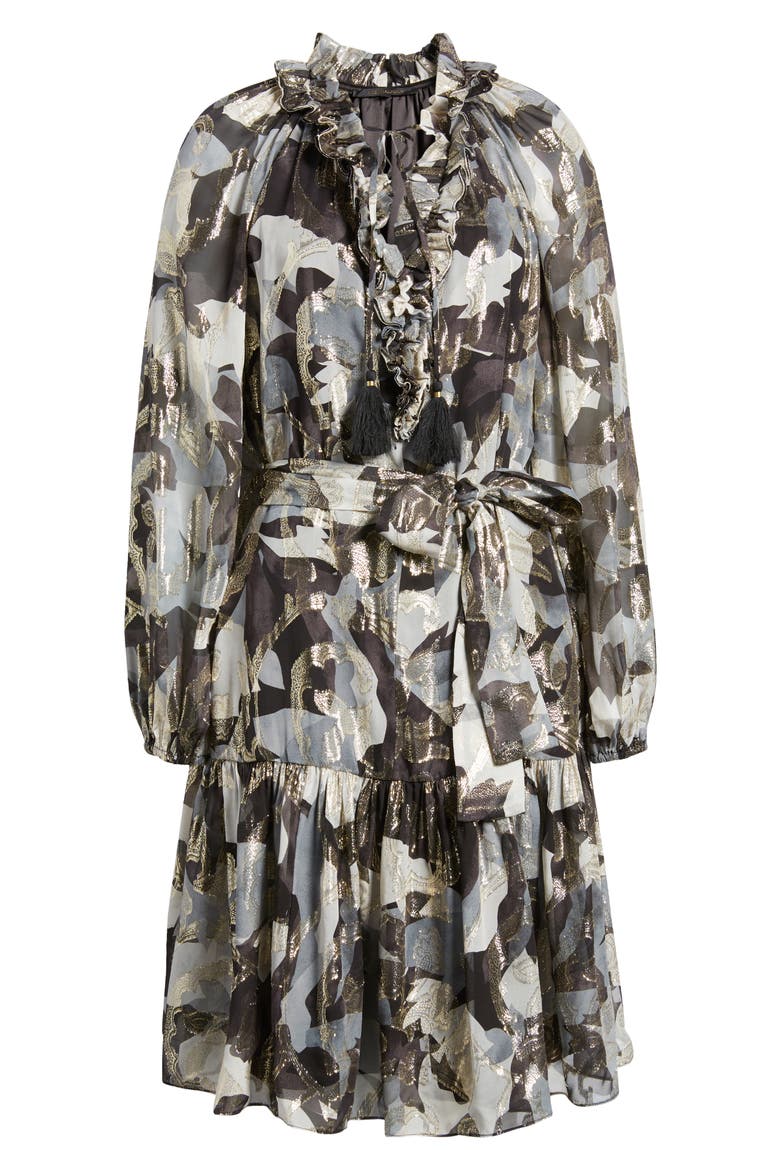 Jenson Metallic Ruffle Long Sleeve Silk Dress, Alternate, color, GRAPHITE