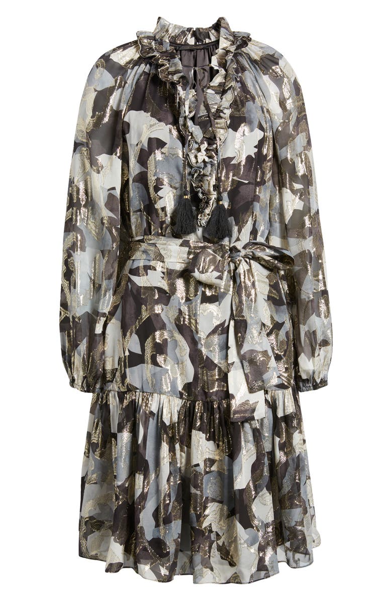 KOBI HALPERIN Jenson Metallic Ruffle Long Sleeve Silk Dress, Alternate, color, Graphite