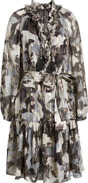 KOBI HALPERIN Jenson Metallic Ruffle Long Sleeve Silk Dress