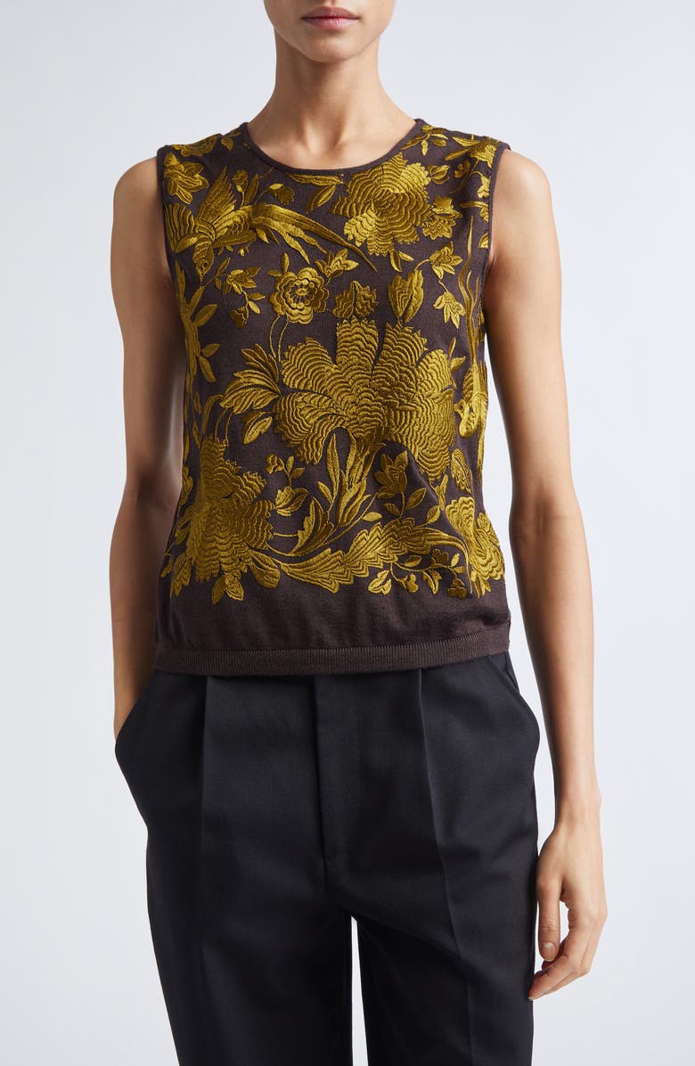 Giambattista Valli Metallic Floral Jacquard Cashmere & Silk Sweater, Main, color, Brown