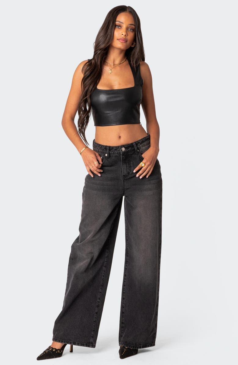 EDIKTED Crescent Faux Leather Crop Top, Alternate, color, Black