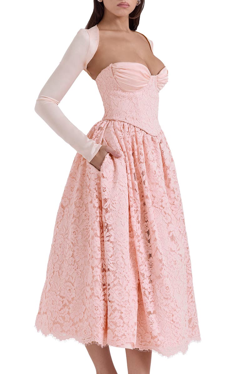 HOUSE OF CB Duchess Corset Lace Fit & Flare Midi Dress with Bolero, Alternate, color, Pink Salt